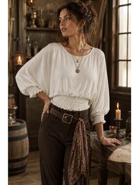 Coco Bianco White Boho Piratecore Peasant Blouse Smocked Waist Top L
